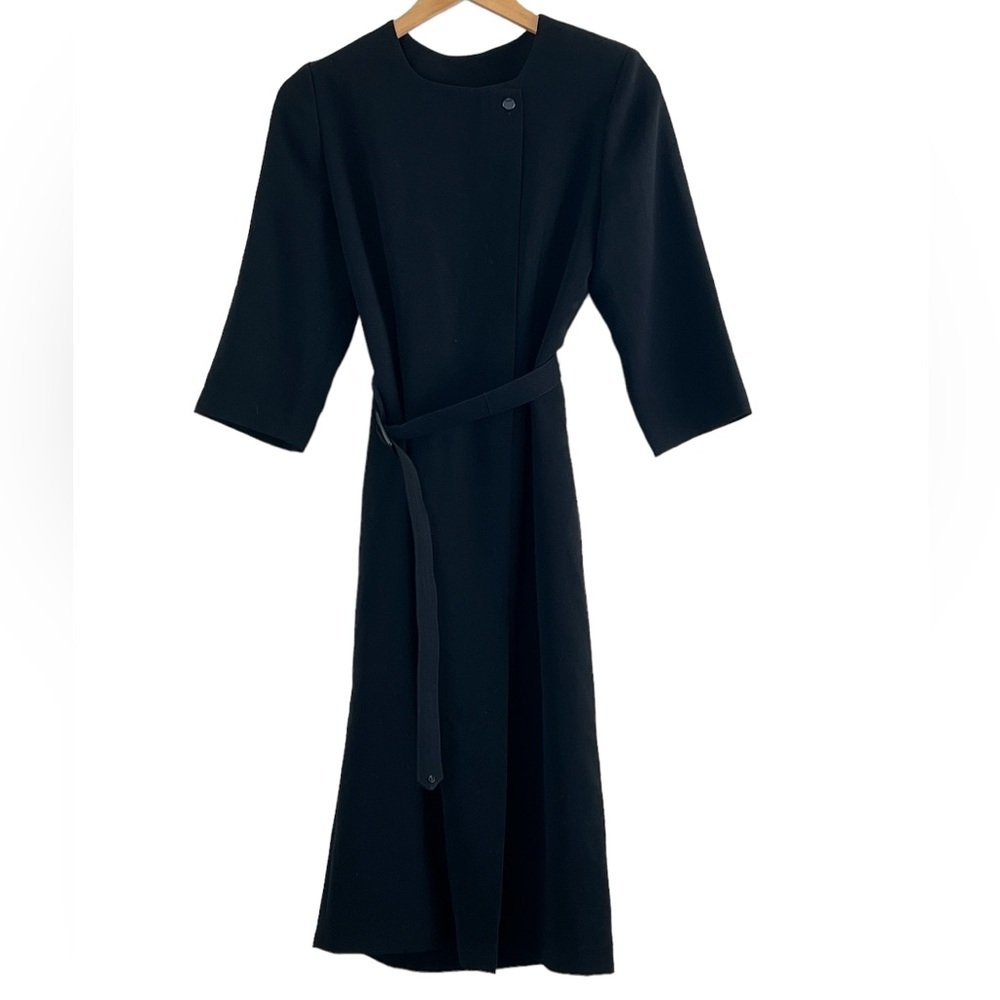 Vintage black crew neck zip front belted shoulder pads midi dress size s…